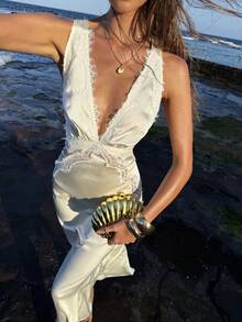 Opulessa 纯色V领露肩优雅连衣裙，适合女士，春夏款 - 米色 - 查看 7