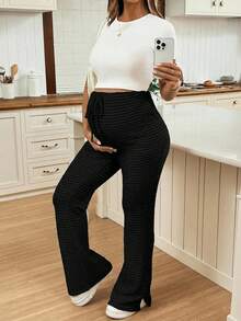 SHEIN Maternity Casual Everyday Commute Solid Color Textured Fabric Adjustable Drawstring Waist Flare Pants - Black - View 4