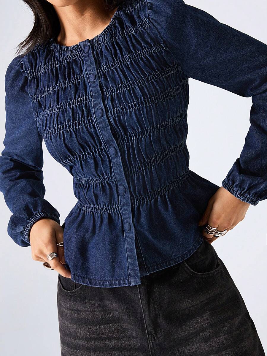 LYSMO Women's Fashion Button-Up Long Sleeve Denim Top - Blue - View 1