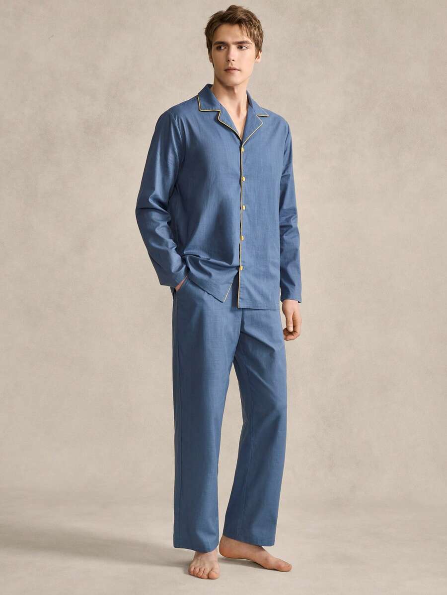 SHEIN Blue Collar Long Sleeve & Long Pants Men's Casual Pajama Set - Blue - View 1