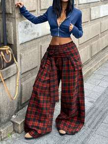 Coolane Summer For Women Going Out Casual Streetwear Everyday Vacation Collegiate Style Pattern Print Patchwork Front Tie Red Loose Wide Leg Pants - Red - View 2