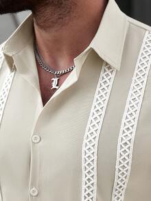 OTTIMOZO Men's Lace Patchwork Front Button Casual Short Sleeve Shirt - Apricot - View 4