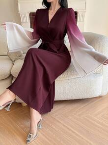 DAZY Women's Fashionable Elegant Wrap Waist Flare Sleeve Dress - Burgundy - View 1