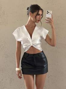 Bluhae 时尚新款夏季性感度假优雅V领扭结短袖露脐女式衬衫 - 白色 - 查看 5