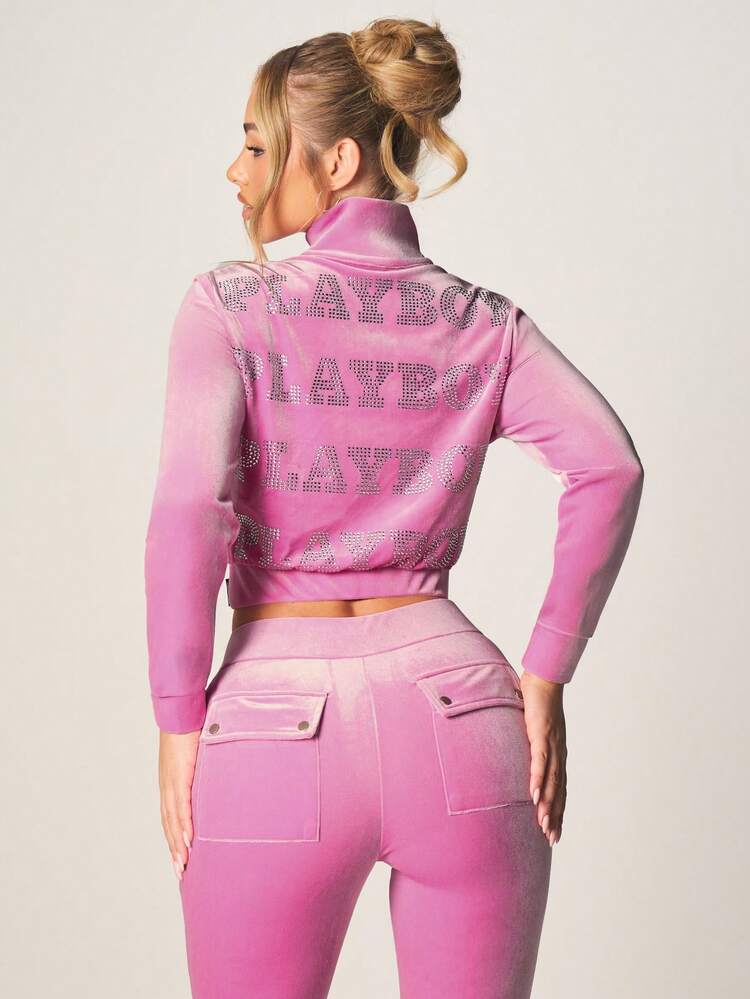 Missguided x Playboy Hot Pink Velour Rhinestone Full Zip Sweatshirt With Sparkly Text Design Long Sleeve Fitted Cropped Jacket For Casual Fall Winter Streetwear