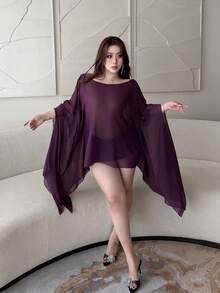 Vibekara Blusa Plus Size de Chiffon Semitransparente com Decote Redondo, Manga Morcego, Costas Nuas e Corrente. Solta e Sexy. - Roxa - Ver 7