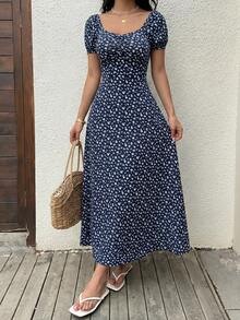 Flirla Đầm Maxi Tay Ngắn Cổ Vuông In Hoa Màu Xanh Navy Tay Phồng Thẳng Ngắn Cho Nữ - Màu xanh hải quân - Xem 5