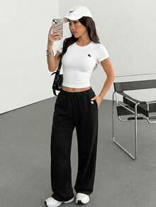SHEIN EZwear 女士黑白配套家居服两件套 - 黑與白 - 查看 3