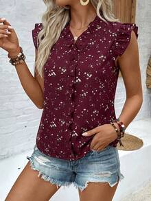 SHEIN LUNE Women's Casual Ditsy Floral Shirt For Vacation - Red - View 3