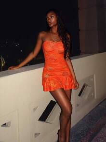 SHEIN DivaQ Women's Fashionable Orange Printed Knit Tube Dress - Multicolor - View 7