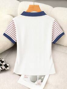 Rovax 女士休闲条纹字母印花撞色滚边 Polo 领短袖上衣，夏季 - 白色 - 查看 2