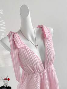 Sweetra Áo hai dây nữ thanh lịch cho kỳ nghỉ, cổ chữ V lãng mạn với nơ trang trí, áo kiểu hồng đa năng thoải mái. - Hồng - Xem 3