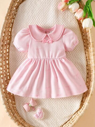 SHEIN Summer New Arrival: Pink Bowknot Peter Pan Collar Puff Sleeve Short-Sleeve Dress For Newborn Baby Girls Sweet, Cute, Elegant, And Perfect For Outings, Vacations, And Photo Shoots