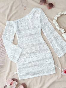 SHEIN 少女白色针织露肩镂空沙滩度假修身短款罩衫 - 白色 - 查看 1