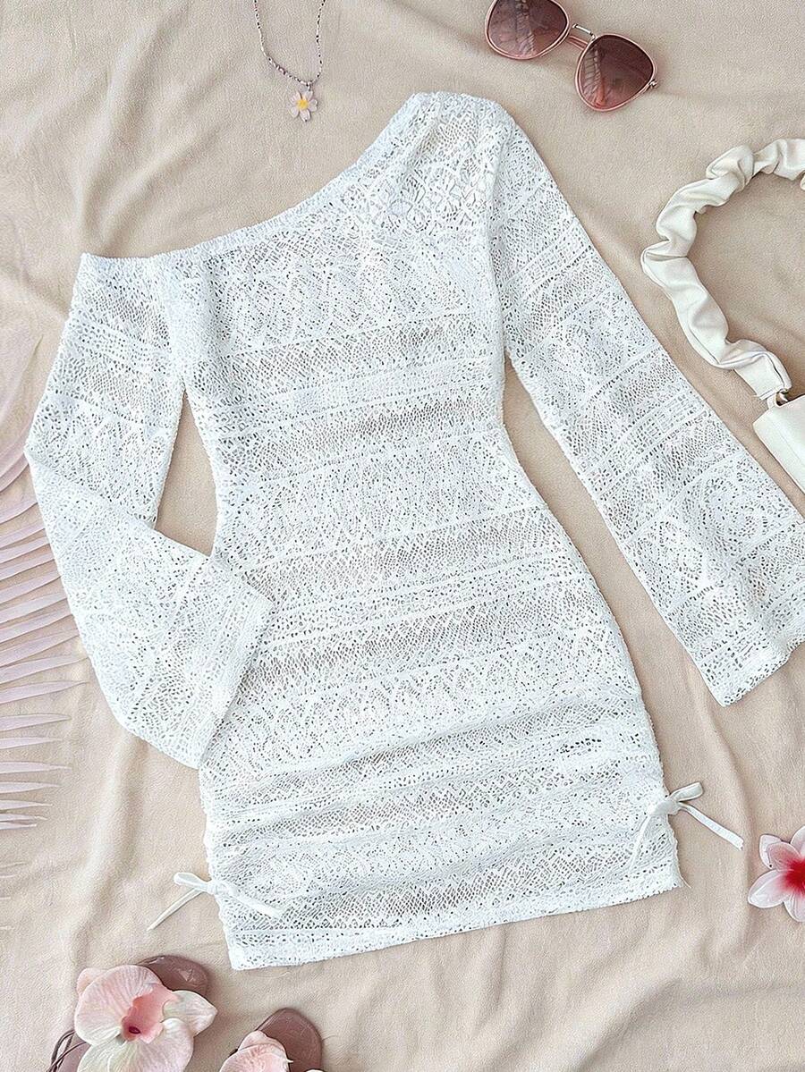 SHEIN 少女白色针织露肩镂空沙滩度假修身短款罩衫 - 白色 - 查看 1