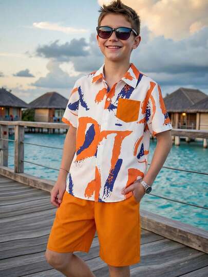 SHEIN 两件套幼儿男童休闲运动复古翻领衬衫短裤套装，适合儿童服装、婴幼儿男童服装、返校季男童套装，适合生日派对、宴会、演出、婚礼、洗礼、开幕式以及日常穿着，如上学、旅行、运动，适合春夏季节、母亲节/母子装。