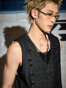 ROMWE MEN Street Life Men's Casual Denim Vest With Zipper Front Closure, Palace Style - Black - View 2