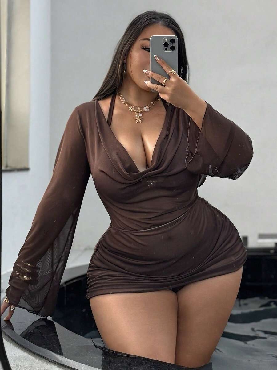 Swim SXY European & American Style Brown Sexy Swimsuit Set, Deep V Metallic Buckle Halter Design With Mesh Long Sleeve Cover-Up, Spa Swimwear - Brown - View 1