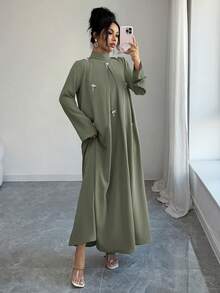 Yasmyna Women's High Neck Long Sleeve Arabic Style Dress With 3D Decor - Green - View 6