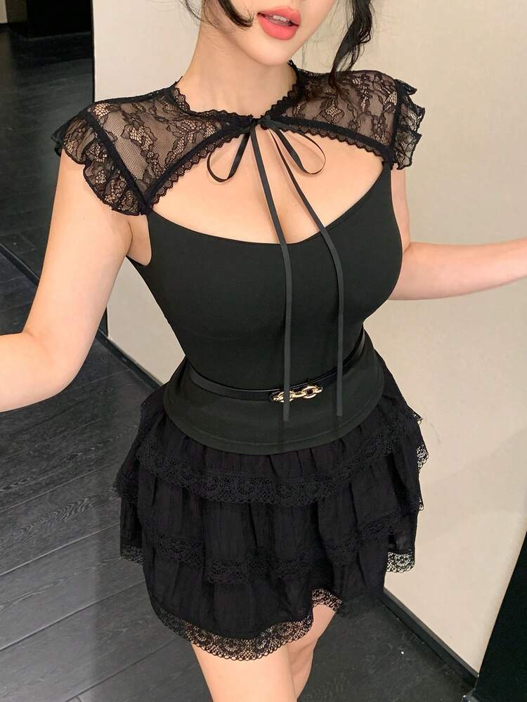 Spring & Summer Floral Hollow Out Lace-Up Crop Top, Elegant For Valentine's Day, Wedding, Party, Formal Occasion, Fashionable, Slim Fit, Sheer Mesh Long Sleeve Blouse For Women