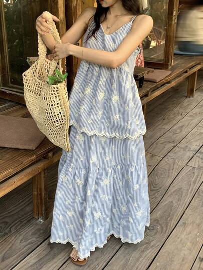 DAZY 女士条纹V领吊带背心和半身裙两件套 夏季波西米亚风休闲套装 女士短款套装
