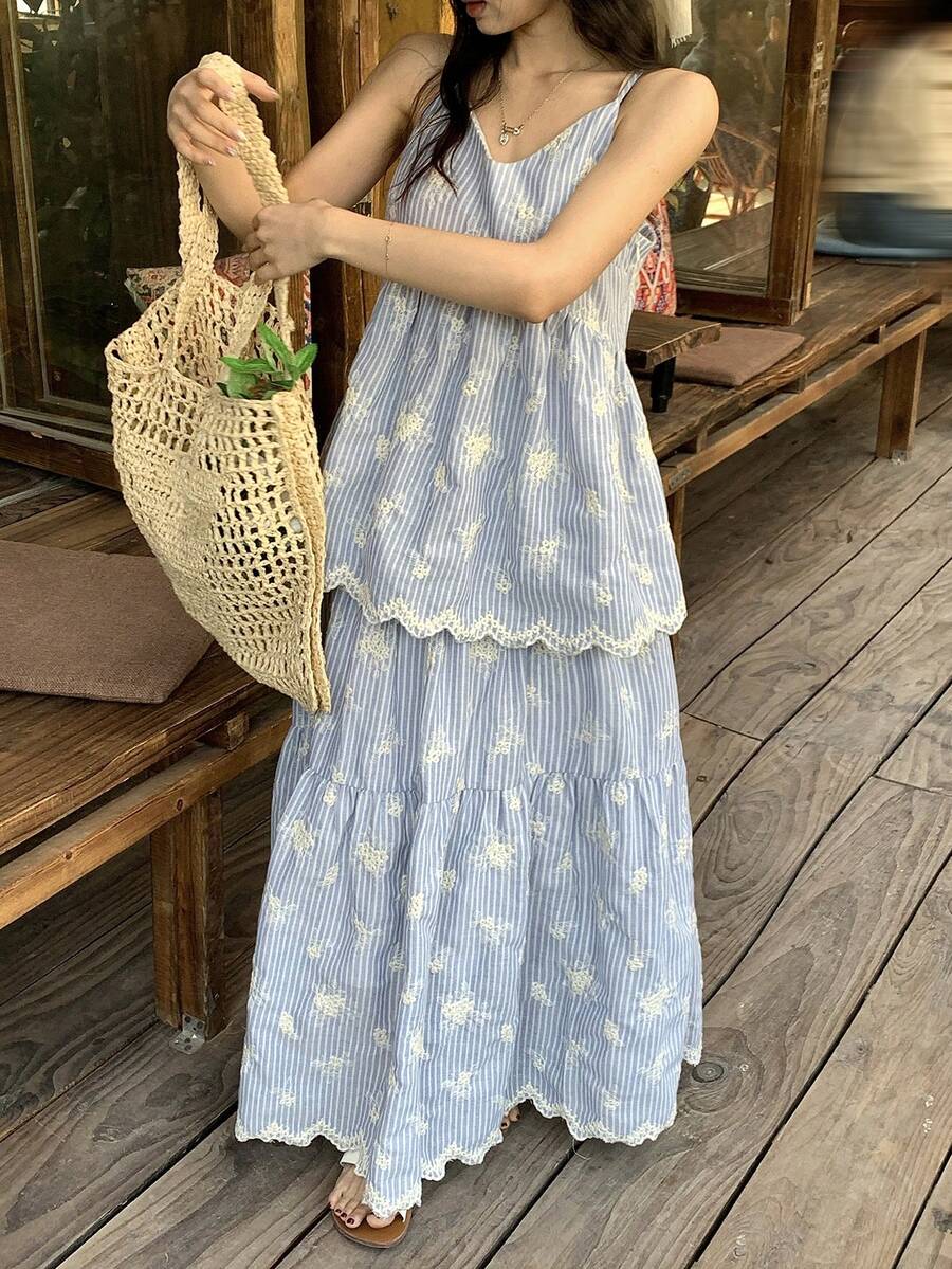 DAZY 女士条纹V领吊带背心和半身裙两件套 夏季波西米亚风休闲套装 女士短款套装 女士度假装 - 藍色 - 查看 1