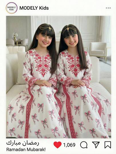 SHEIN 1件少女波西米亚风花卉蝴蝶结印花V领休闲度假连衣裙，适合日常和户外穿着