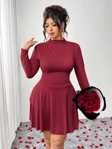 SHEIN PETITE CURVE Đầm dạ hội hai lớp dài tay cổ cao ôm sát, co giãn, dài đến đầu gối dành cho nữ cỡ lớn, thanh lịch, phù hợp cho các buổi đi chơi thường ngày, đi làm, mặc hàng ngày và ngày Valentine. - Đỏ - Xem 5