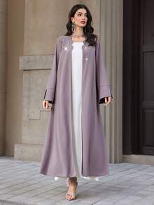 Yasmyna Women's Purple Long Sleeve Beaded Elegant Arabic Abaya, Spring/Summer - Purple - View 4