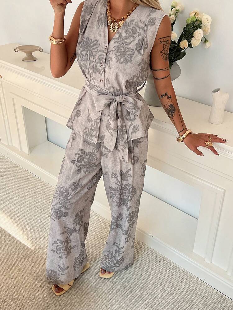 2pcs/Set Women's Casual Ditsy Floral Sleeveless Top And Straight Leg Pants Suit, Spring/Summer, Suitable For Vacation And Valentine's Day