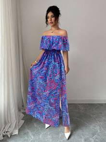 Rafferiza Đầm maxi nữ họa tiết hoa, trễ vai, vạt trước ngắn vạt sau dài, viền bèo nhún, thích hợp cho kỳ nghỉ biển. - Nhiều màu - Xem 5