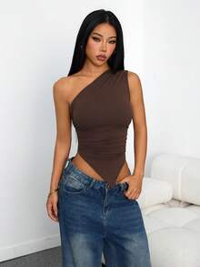 SHEIN PETITE 女士度假休闲三件套不对称下摆不对称肩部上衣，夏季两件套，适合返校、下午茶、休闲、海滩婚礼宾客、毕业早午餐、圣帕特里克节、春假、复活节、音乐节等场合，优雅波西米亚热带风情，棕色、黑色、杏色 - 彩色 - 查看 2