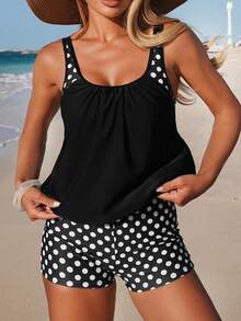 Swim Lushoire Women Printed Ruched Front Thick Strap Tankini Two Pieces Swimsuit - Black and White - View 8