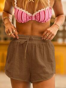 Aralina Beach Drawstring Rope Detail High Waist Summer Vacation Cover Up Shorts - Chocolate Brown - View 7