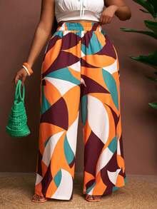 Slaydiva 女士加大码宽松阔腿裤，彩色几何印花，梭织面料，适合通勤、休闲、度假、日常穿着、派对、约会、音乐节、用餐、海滩、邮轮、春夏等场合。 - 彩色 - 查看 9