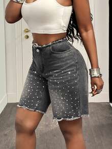 Slaydiva Women's Rhinestone-Embellished Gray Denim Shorts - Grey - View 3