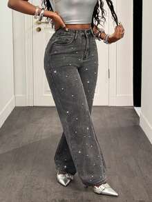 Slaydiva Women's Rhinestone-Embellished Gray Slant Pocket Casual Jeans - Grey - View 4