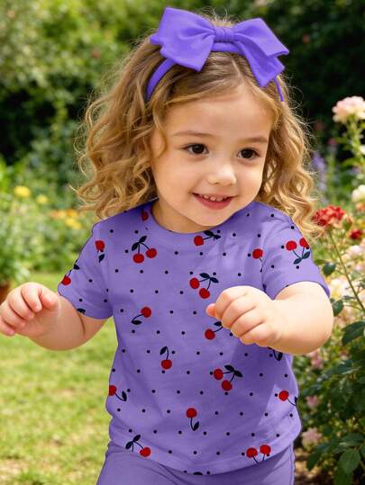 SHEIN Baby Girls' Casual Short Sleeve Top, Suitable For Spring/Summer, Classic Pastoral Style, Polka Dot & Cherry Print