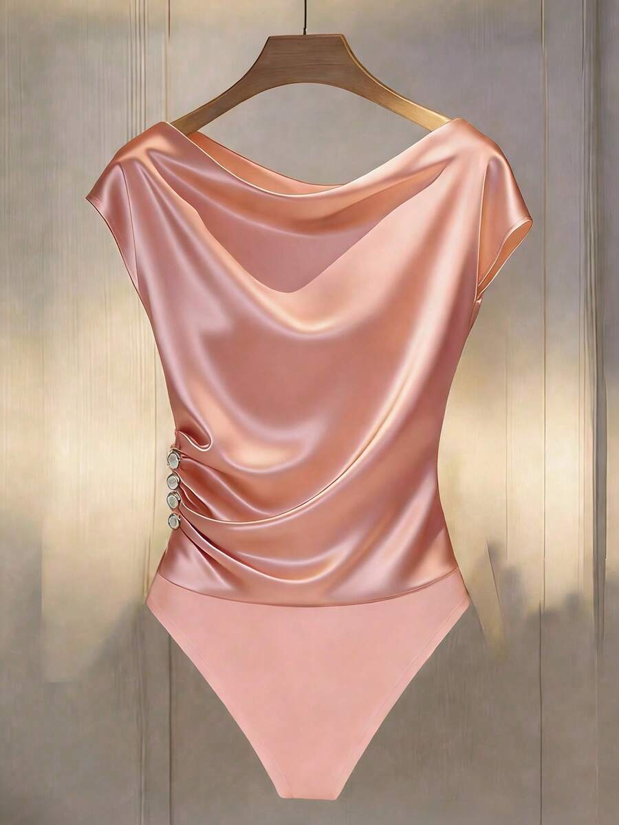 SHEIN Franclia Áo liền thân gợi cảm, thanh lịch với chun co giãn, có cúc trang trí, dành cho nữ. - Bụi hồng - Xem 1