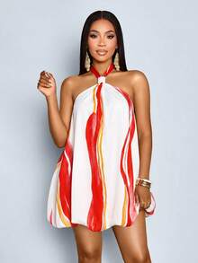 SOLERSUN Sexy And Elegant Commuter Casual Women's Bubble Hem Style Mini Dress Spring/Summer Women's Clothing Beach Vacation - Red and White - View 6