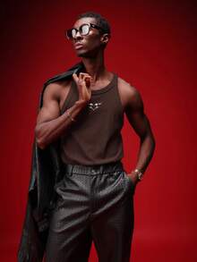 SUMWON Men's Muscle Fit Ribbed Tank Top With Embossed Metallic Heart Graphics Sleeveless Undershirt Summer Casual Wear - Chocolate Brown - View 2