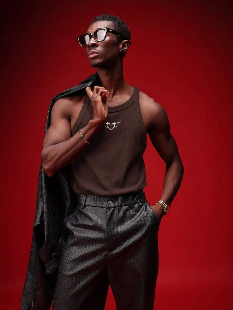 SUMWON Men's Muscle Fit Ribbed Tank Top With Embossed Metallic Heart Graphics Sleeveless Undershirt Summer Casual Wear