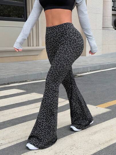 Dewbera 1pc Women's Seamless Sexy Leopard Print V-Back Waist Sports Leggings For Running, Fitness, Yoga, Dance, Flared Workout Pants