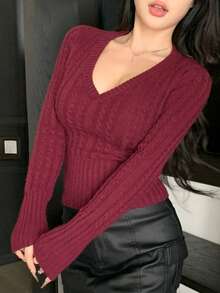 DAZY Women's V-Neck Short Cable Knit Slim Fit Pullover Sweater,Fall Women Clothes - Burgundy - View 4