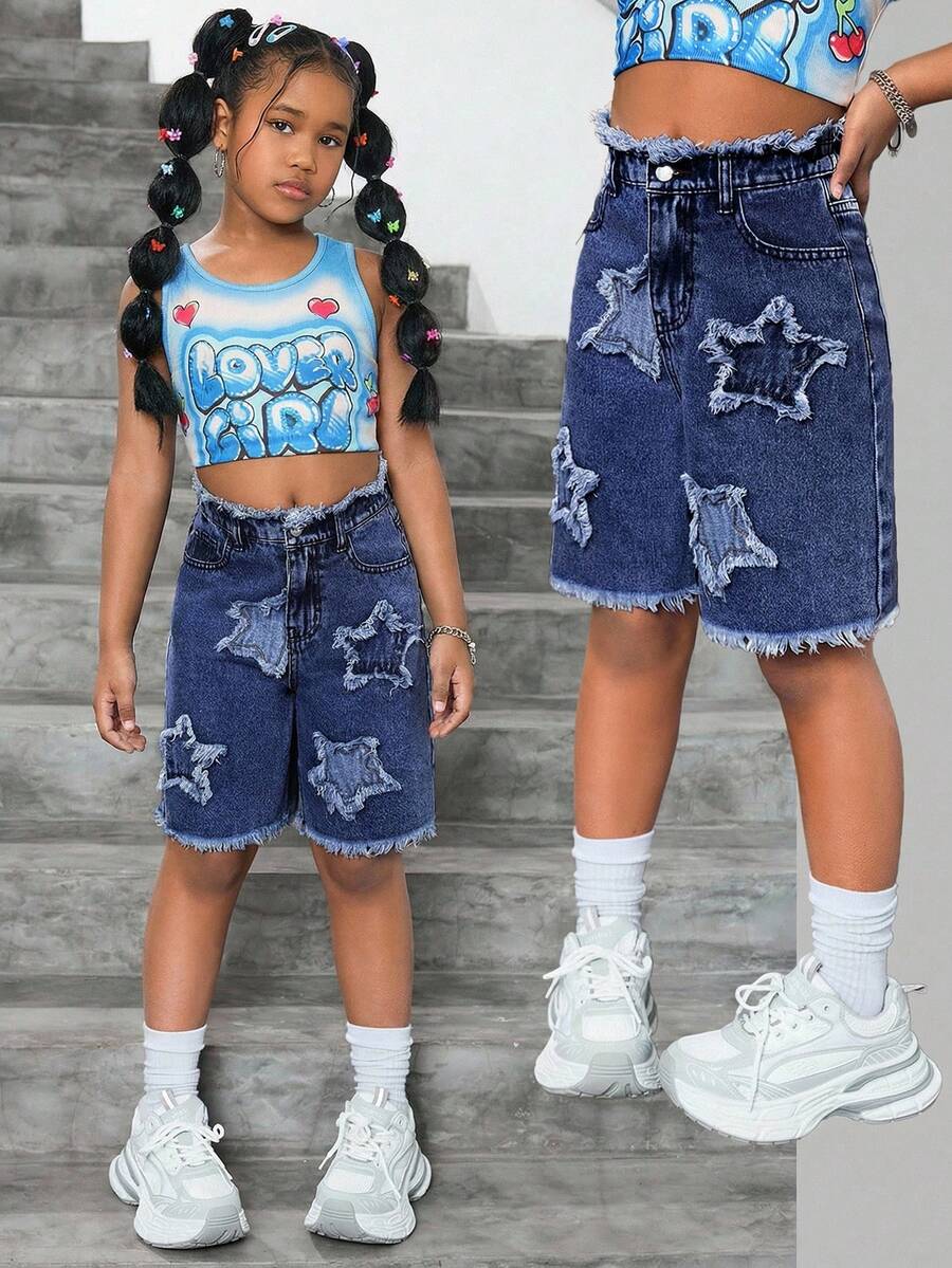 SHEIN Girls' Frayed Star Denim Shorts - Dark Wash - View 1