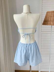 Comfortcana Mono de lino con cortes laterales, cintura fruncida y abdomen descubierto para el verano - Celeste - Ver 2