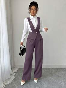 Elenzga Bộ jumpsuit nữ không tay, cổ chữ V, màu trơn, kiểu dáng thường ngày, thanh lịch, ống rộng. - Màu tím - Xem 5