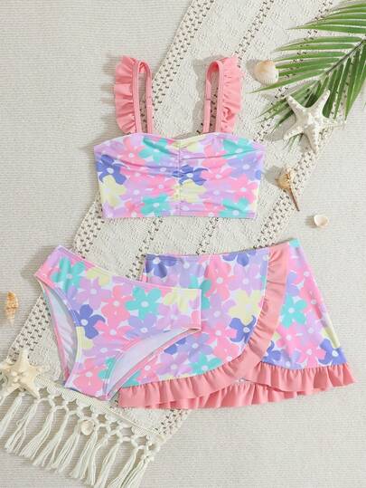 Young Girls Printed Swimwear, Ruffled Trim, 3 Pieces Set Summer Swimsuits For Twins 2 Piece Kids Beach Clothes Girls Matching Beach Sets For Kids Matching Swimwear Kids Twin Girl Beach Clothes