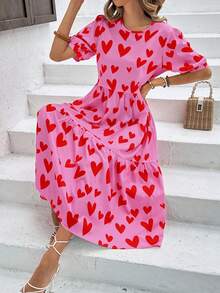 Breezaya Loose Pink And Red Heart Print Ruffle Hem Puff Sleeve Babydoll Dress,Cute Summer Vacation Women Maxi Outfit,Pink Midi Dress With Sleeve - Watermelon Pink - View 4
