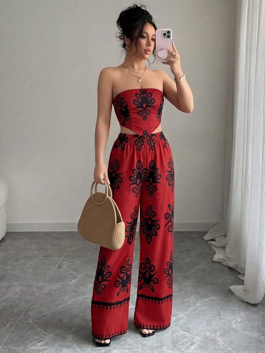Elenzga Bộ đồ 2 món dành cho nữ, kiểu dáng thanh lịch, lãng mạn, gồm áo ống và quần, thích hợp cho kỳ nghỉ. - Nhiều màu - Xem 1